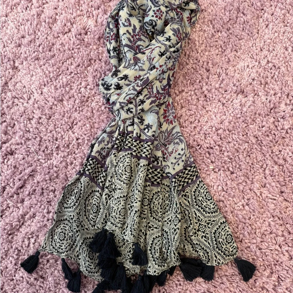 Floral and Geometric Patterned Scarf with Tassels